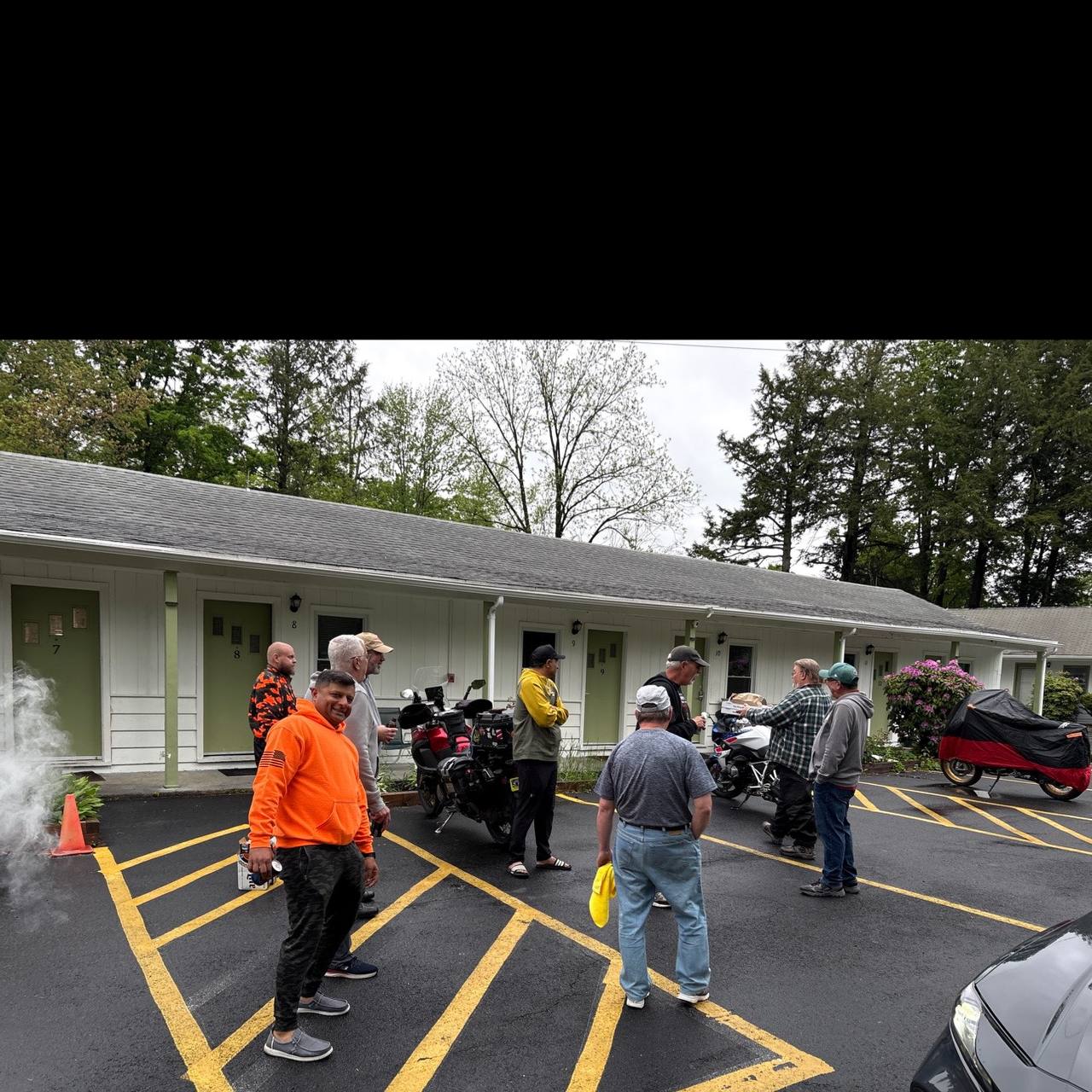 Group meeting up at the motel